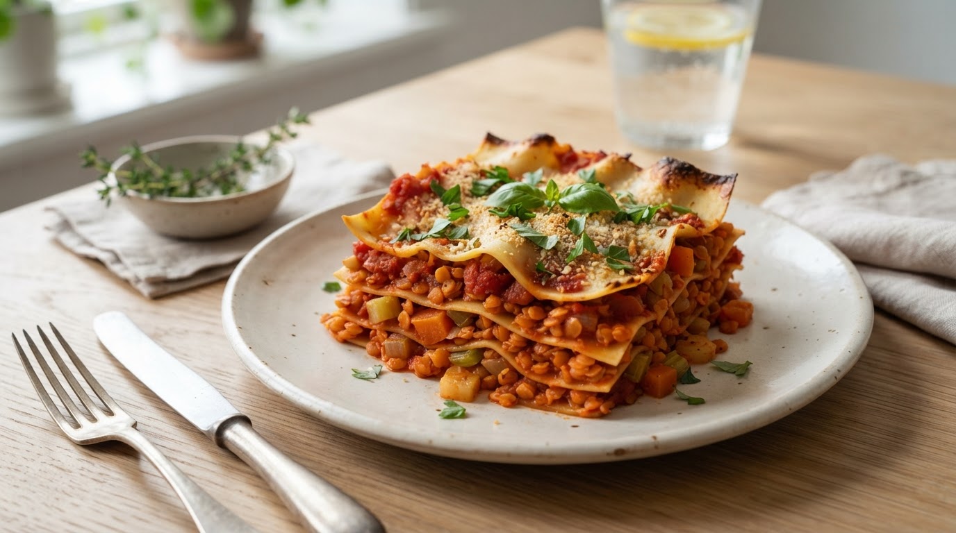 Vegetarlasagne med linser og sesongens rotgrønnsaker – slik ser retten ut