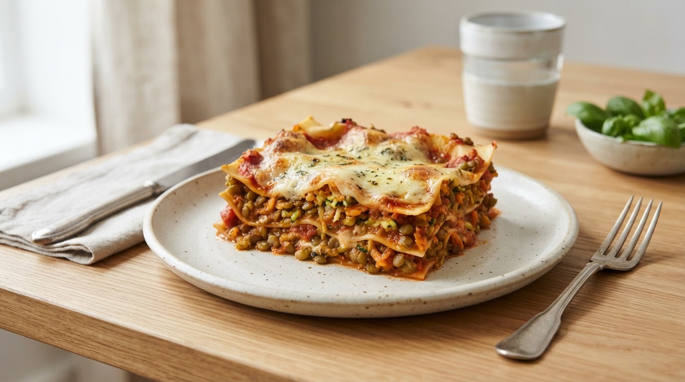 Vegetarlasagne med linser og squash – slik ser retten ut