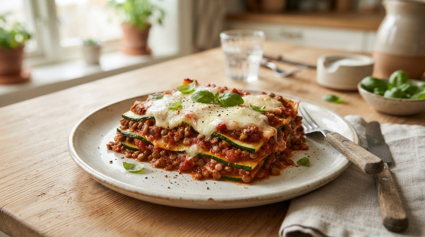 Vegetarlasagne med linser og squashplater – illustrasjonsbilde