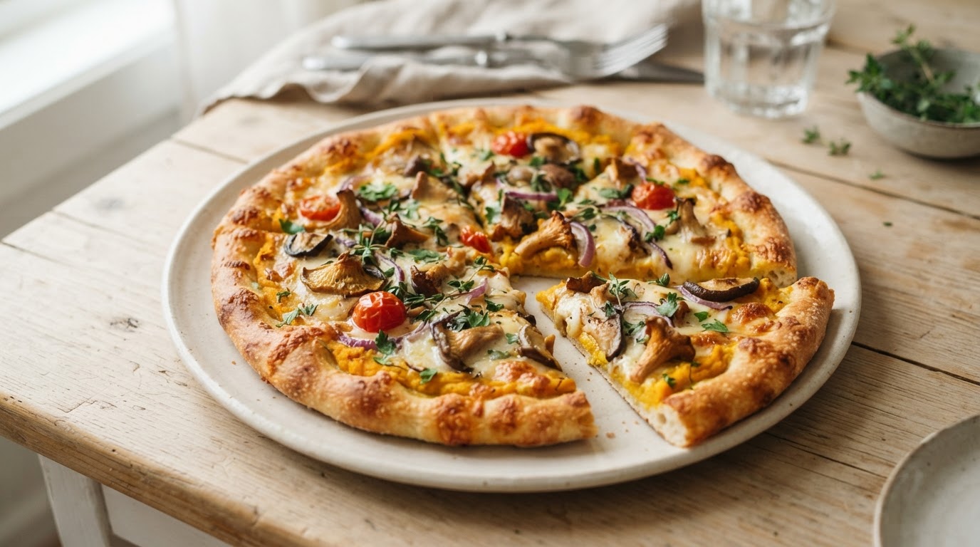 Vegetarpizza med gresskarpuré, stekt sopp og laktosefri ost – slik ser retten ut