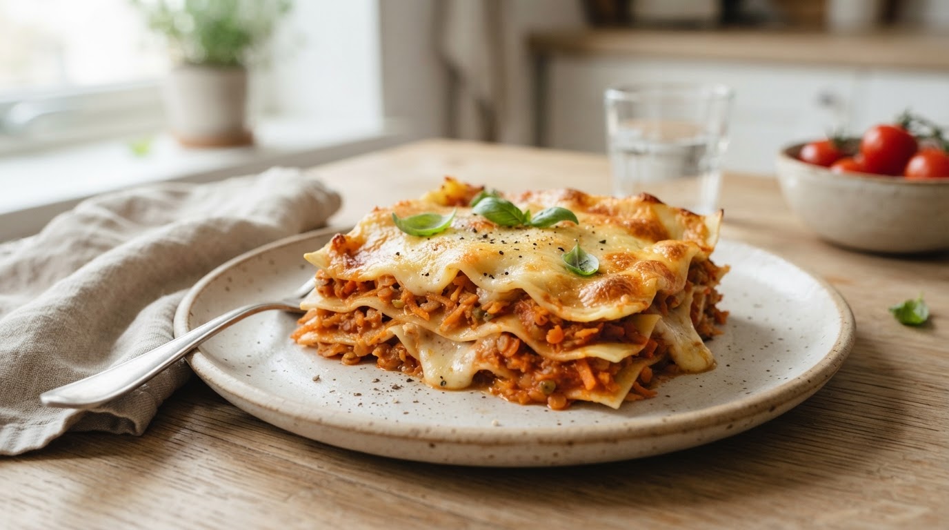 Vegetatlasagne med linser og melkefri kremet tomatsaus – slik ser retten ut